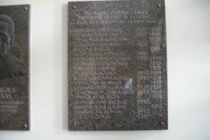 memorialine lenta (c) kaunozinios.lt archyvo nuotr.Memorialinė lenta 1937 ir 1939 m. Europos krepšinio čempionams, esanti Lietuvos kūno kultūros akademijos centrinių rūmų (Sporto g. 6) foje